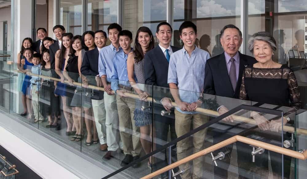 Dr. Shannon Wong (fourth from the right), his wife Betty Wong (left), his parents – Dr. Mitchel and Rose T. Wong (far right) and their children and grandchildren.