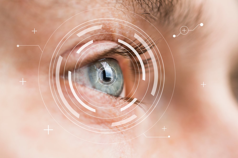 Close-up scan of a man's eye before cataract surgery